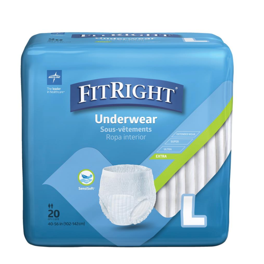 The FitRight Unisex Extra Adult Pull-Up Underwear, size L, comes in blue packaging with the FitRight and Sensisoft logos. It includes 20 ultra-absorbent pieces and highlights innovative 4D Core technology with multi-language text and a product image.
